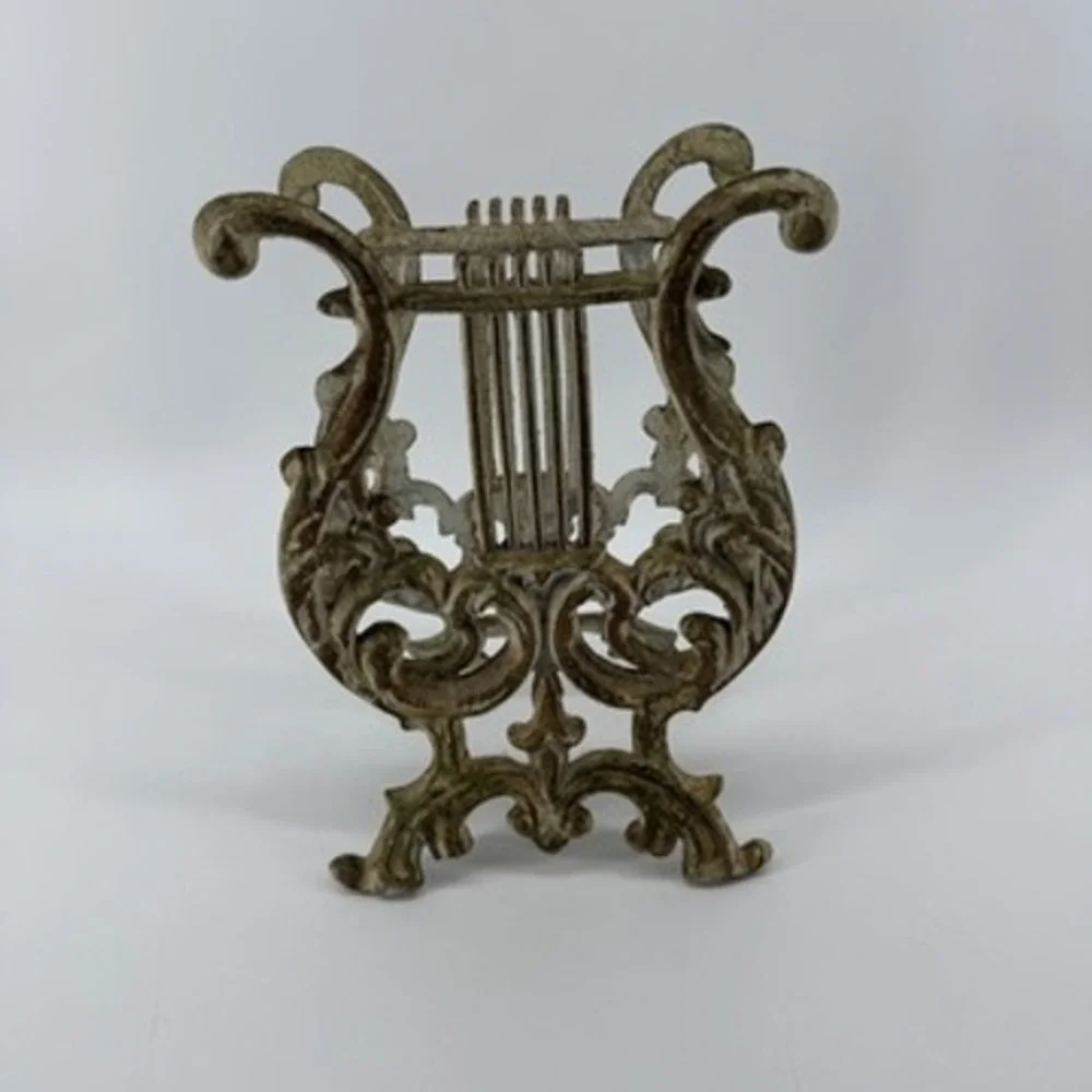 Vintage Cast Iron Lyre Harp Book Stand Sheet Music Holder Distressed White Gold